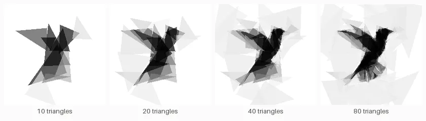 The champion's canvas at 10, 20, 40, and 80 triangles, progressing from rough blocks to a detailed hummingbird